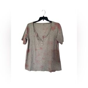 POL Tie Dye Ribbed Henley Top Beige Pink Short Sleeve Size Large